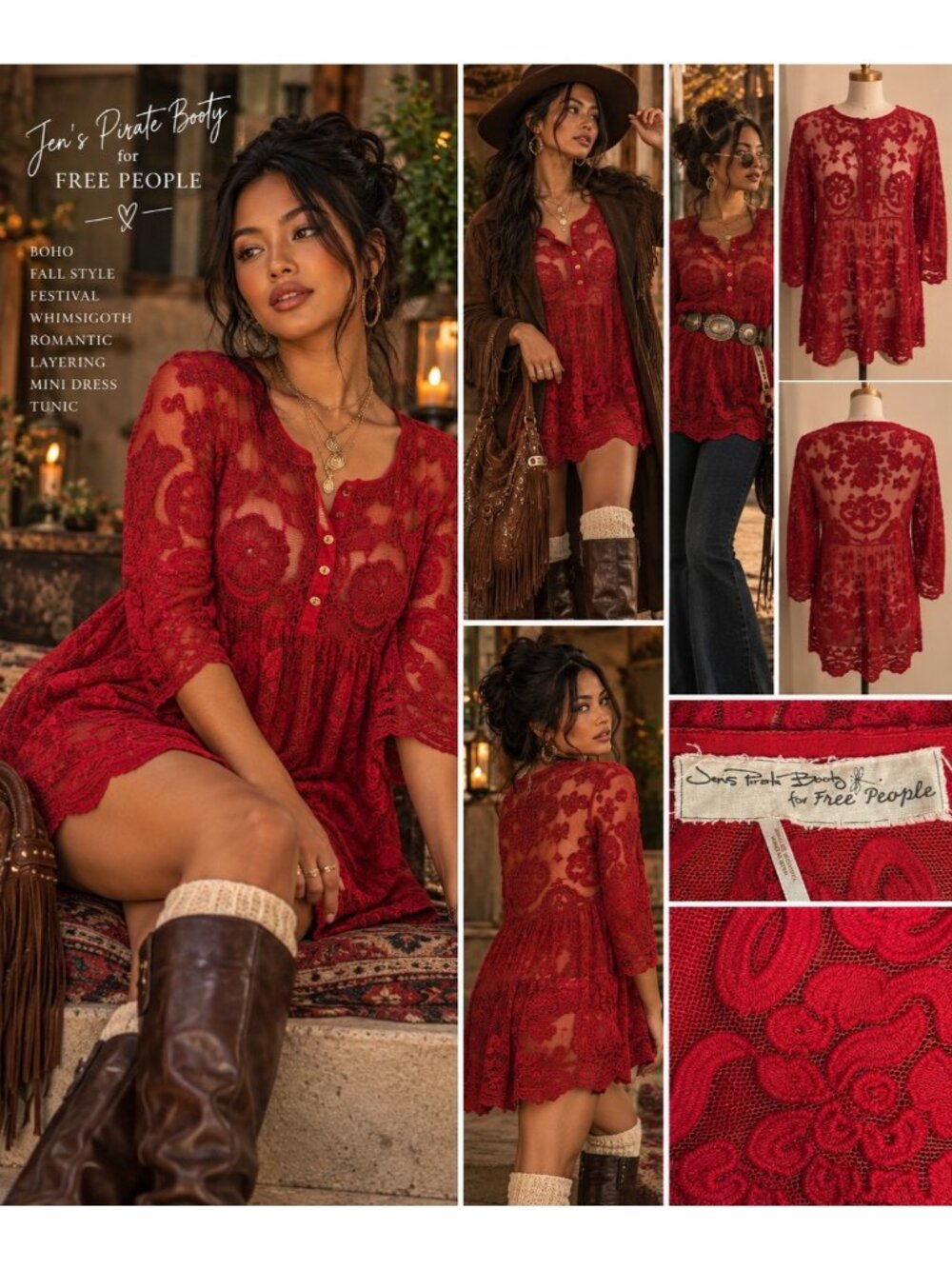 Free People Womens Red Lace Embroidered Tunic Dress By Jens Pirate Booty S